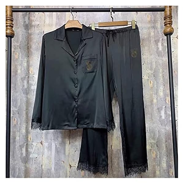 Pyjamas Sommar Damer Silk Spets Pyjamas Set Spets Strykning Diamant Höstbyxor Hemkläder (Färg: Silver, Storlek: S)(DM)